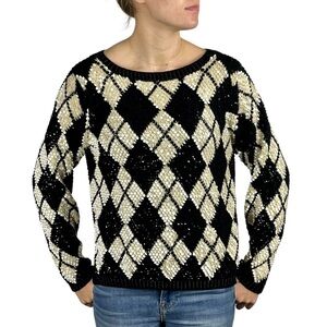 VINTAGE SEQUIN EMBELLISHED KNIT SPARKLE ARGYLE PULLOVER EVENING SWEATER